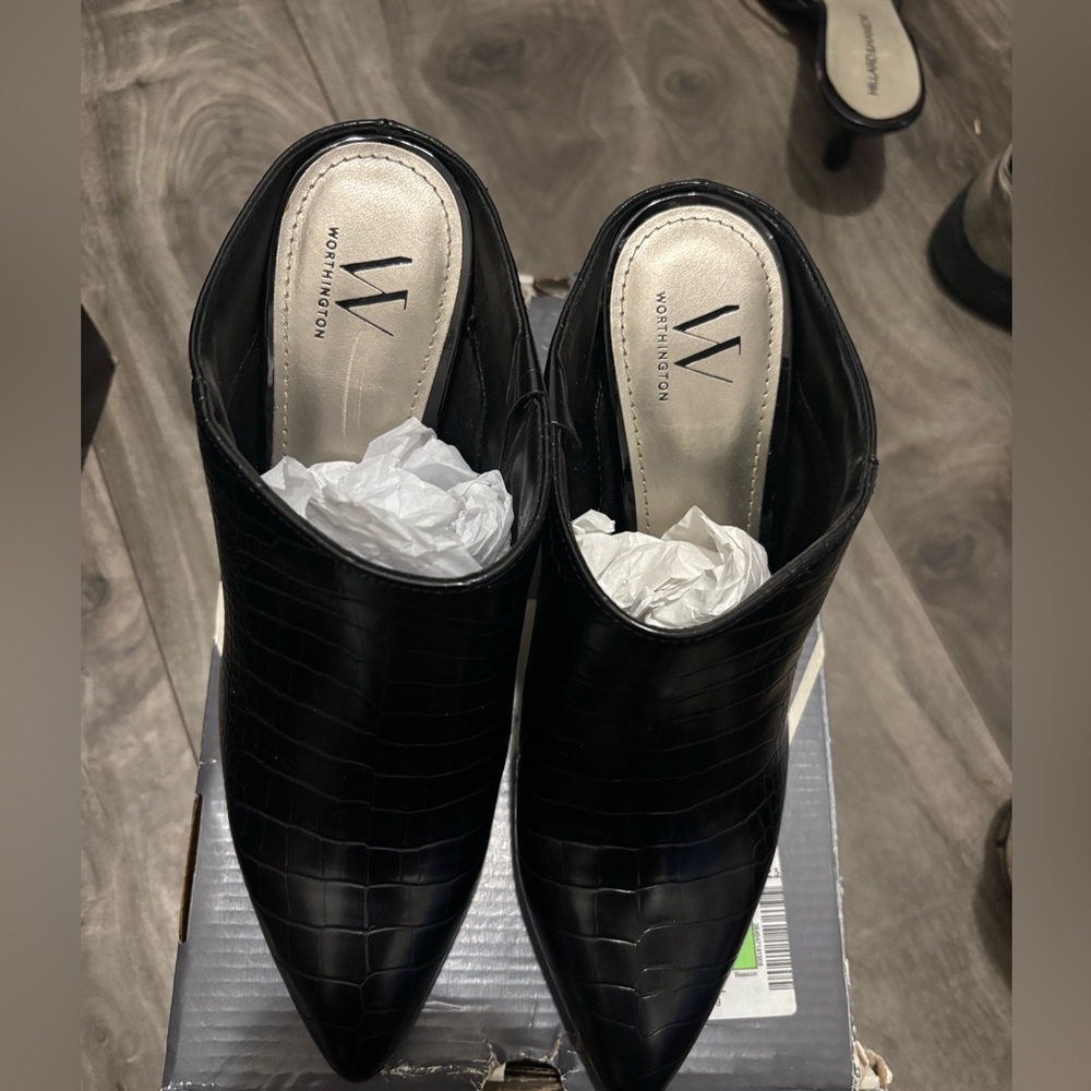 Worthington Black Croc-Embossed Mules